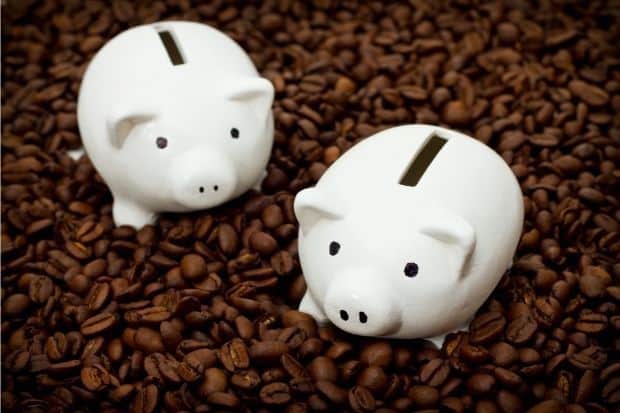 Two white piggy banks in a bed of coffee beans
