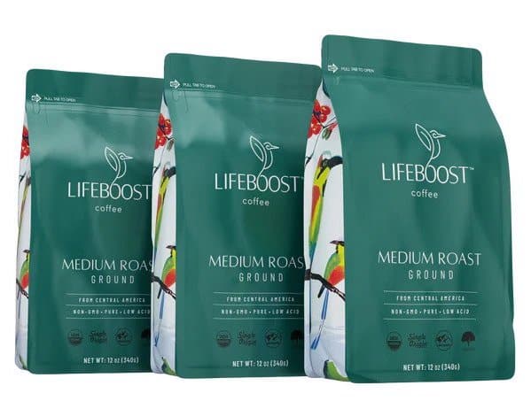 Three bags of Lifeboost Coffee, one of the best low acid coffee brands