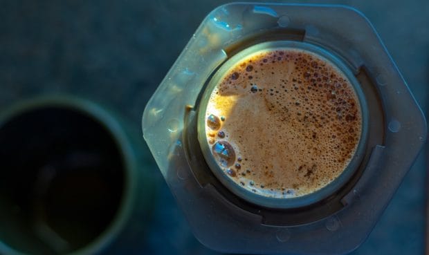 Overhead shot of Aeropress coffee brewing