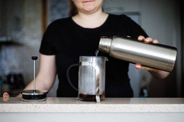 Pouring water at perfect temperature into French press