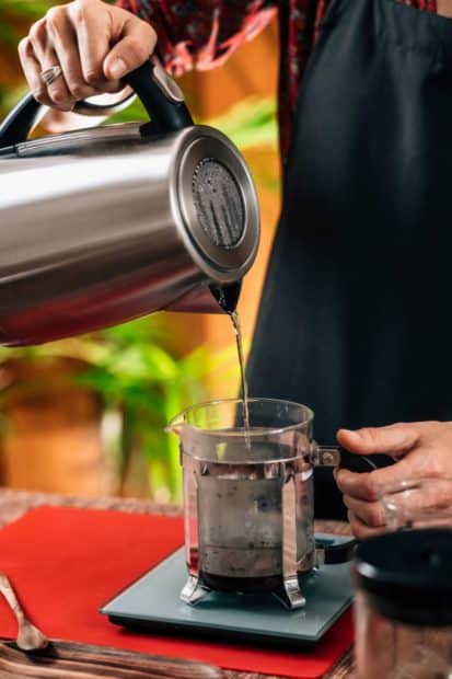 Pouring water at perfect temperature into French press