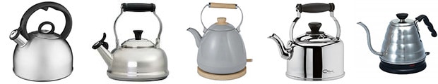 Five kettles sitting side by side, with spouts that get increasingly gooseneck-shaped as you move from left to right.