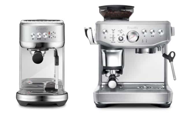 Breville Bambino Plus on the left and Barista Express on the right
