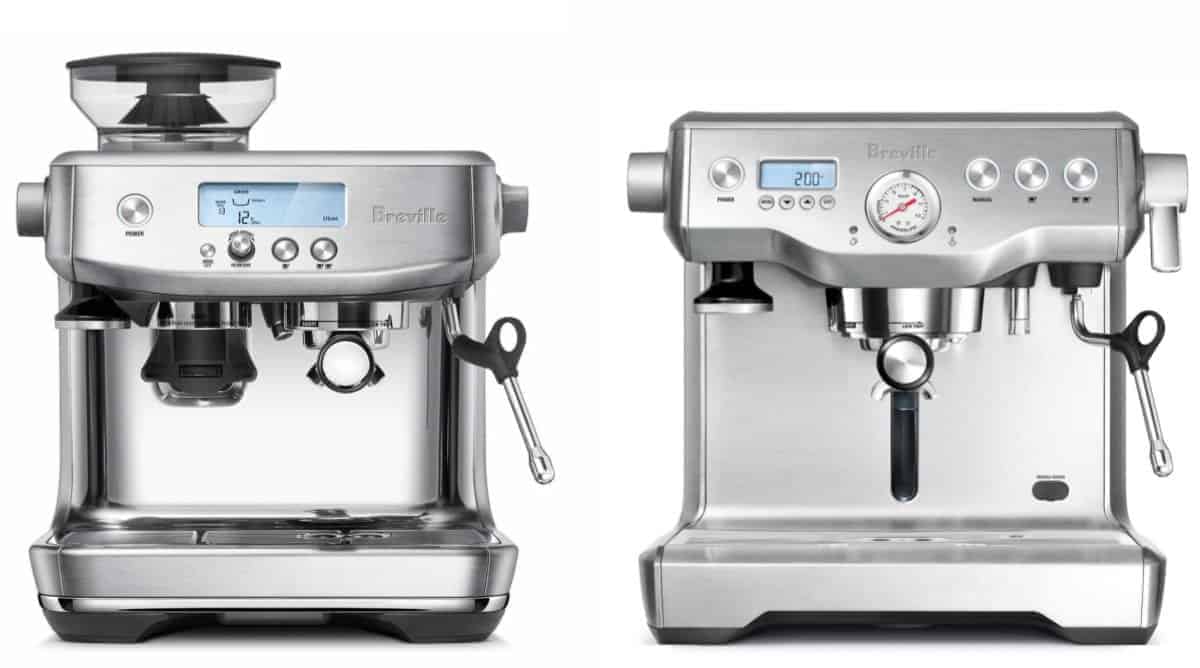 Breville Barista Pro on left and Breville Dual Boiler espresso machine on right