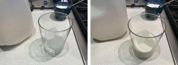 Split image of a glass with ice in it on the left, and a glass with ice and milk in it on the right