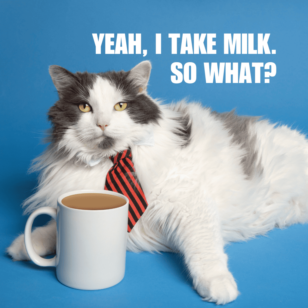 cat with milky coffee saying, "yeah i take milk so what?"