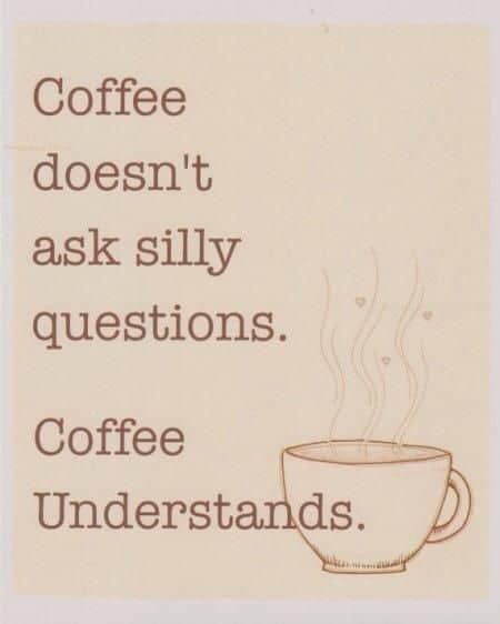 Illustration of a coffee cup with caption: Coffee doesn't ask silly questions. Coffee understands.