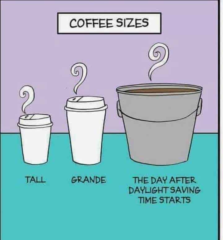 Illustration of three coffee sizes: Tall, Grande and The Day After Daylight Savings Time Starts which is a large pail of coffee