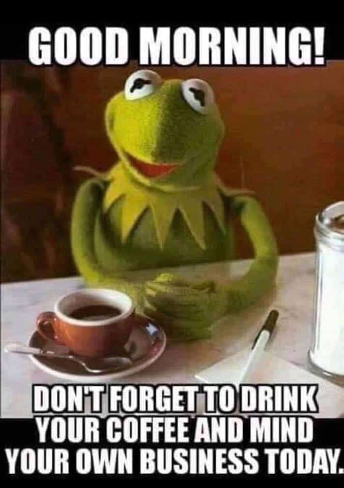 Kermit the Frog with a cup of coffee at a diner saying: Good morning! Don't forget to drink your coffee and mind your own business today.