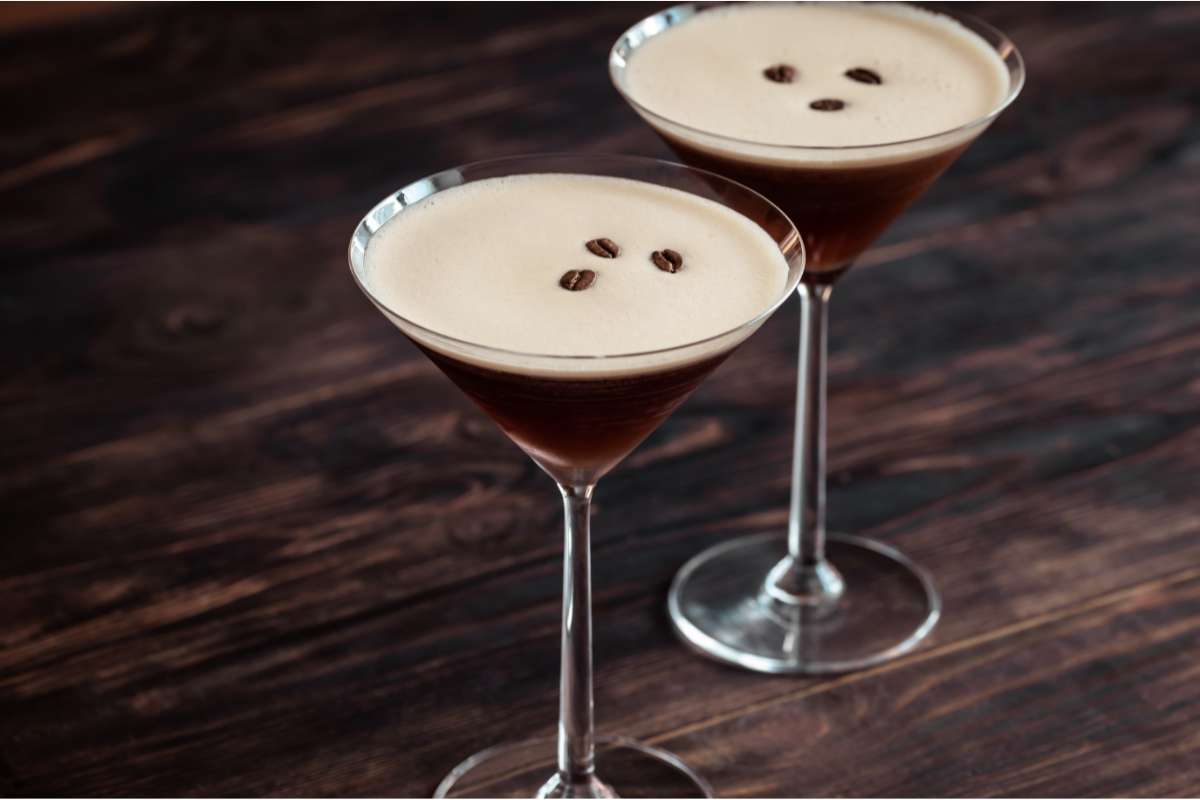 Two espresso martinis in martini glasses