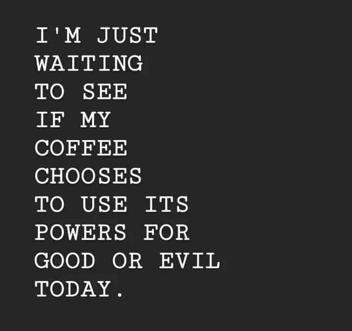 Text only reading: I'm just waiting to see if my coffee chooses to use its powers for good or evil today.