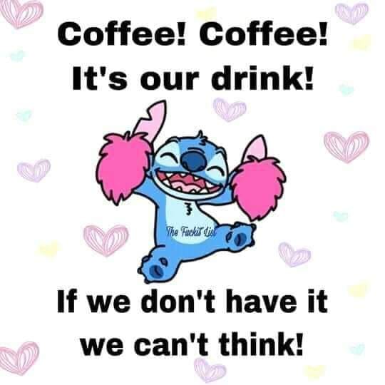 Cheerleading gremlin with the caption: Coffee! Coffee! It's our drink! If we don't have it we can't think!