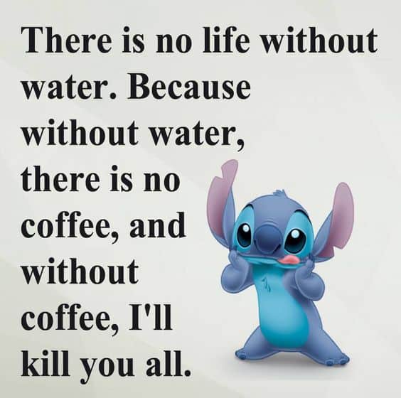 Stitch from Lilo and Stitch with the caption: There is no life without water. Because without water, there is no coffee and without coffee I'll kill you all.
