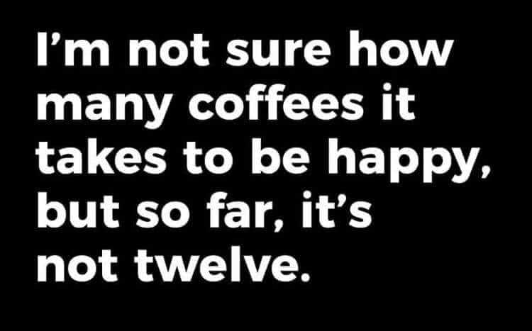 Text only that reads: I'm not sure how many coffees it takes to be happy, but so far, it's not twelve.