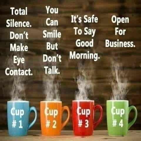 Coffee cups labeled Cup 1, Cup 2, Cup 3, Cup 4 each with its own caption, in order: 1. Total Silence. Don't make eye contact. 2. You can smile but don't talk. 3. It's safe to say good morning. 4. Open for business.