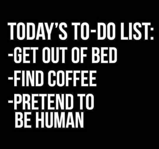 Text only: Today's To-Do List: Get out of bed, find coffee, pretend to be human