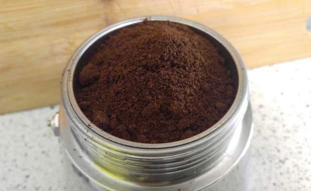 Coffee ground properly for a moka pot, in a moka pot filter basket