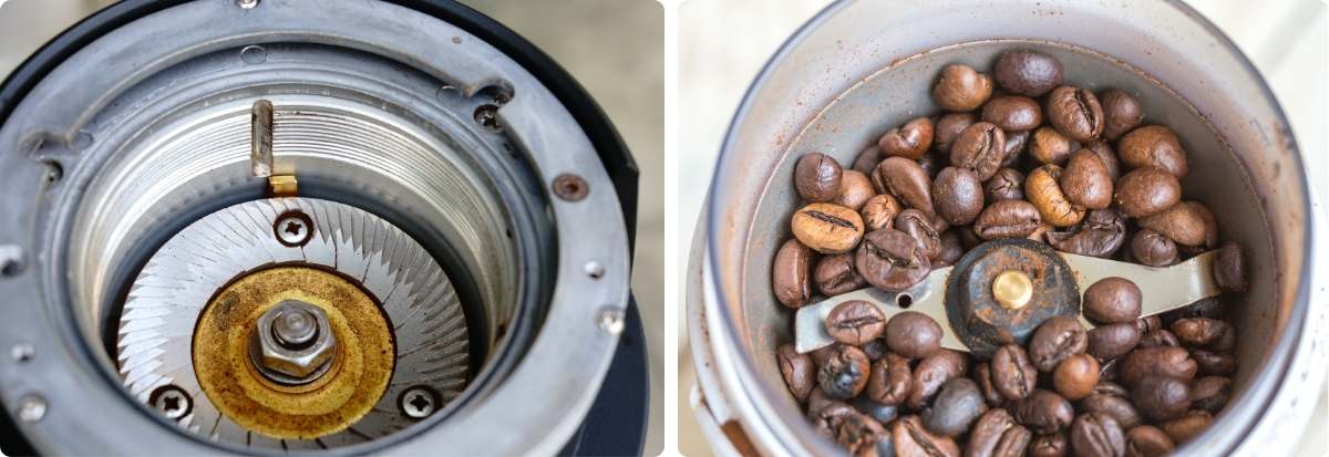 Split image looking at the inside of a burr coffee grinder on the left and a blade coffee grinder on the right