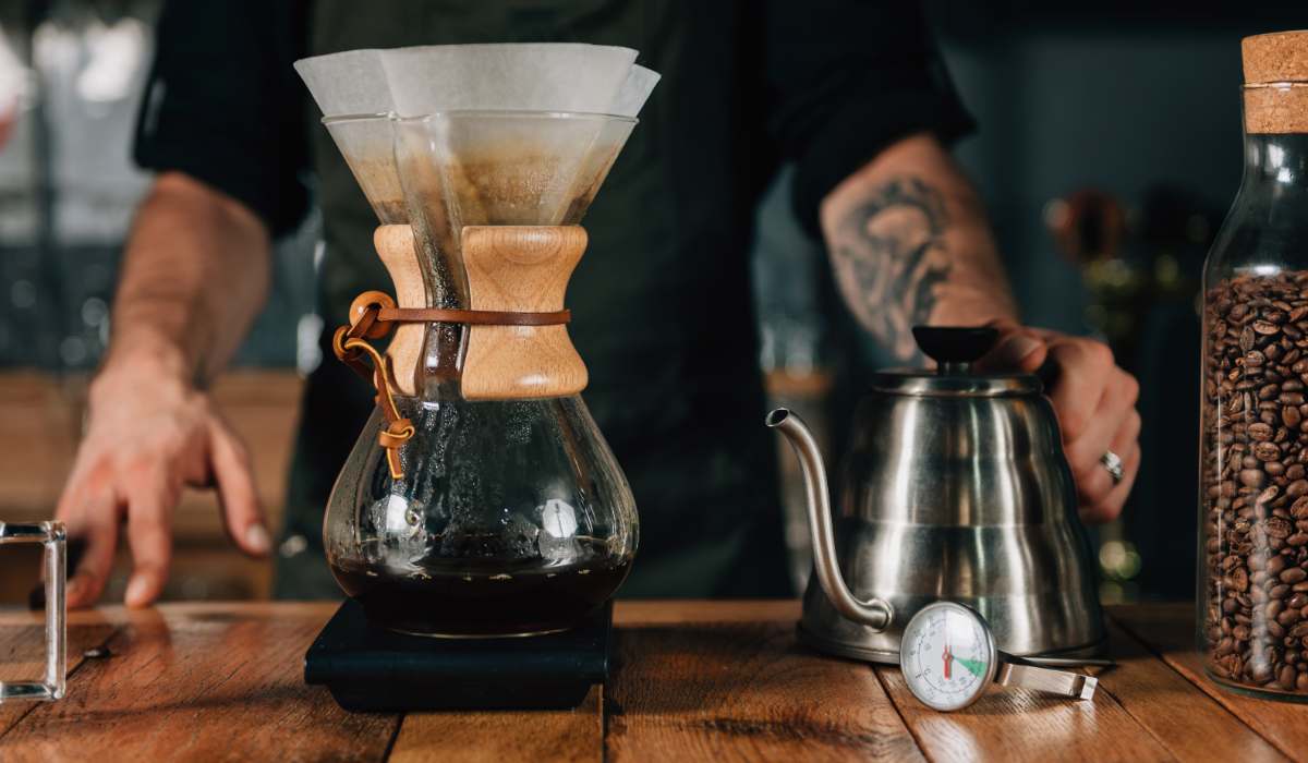 Brewing Chemex coffee next to a kitchen thermometer